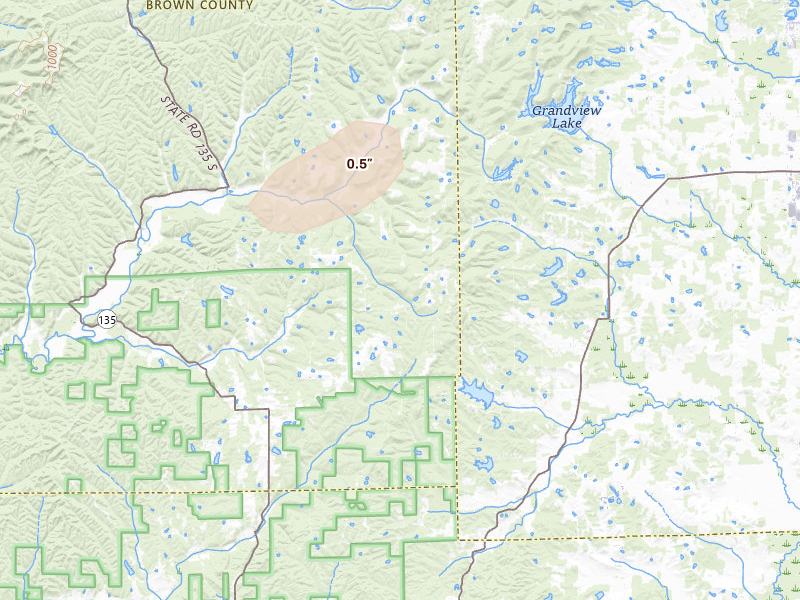 Radar-estimated hail-size map of the storm over Freetown, IN on Aug 26, 2026