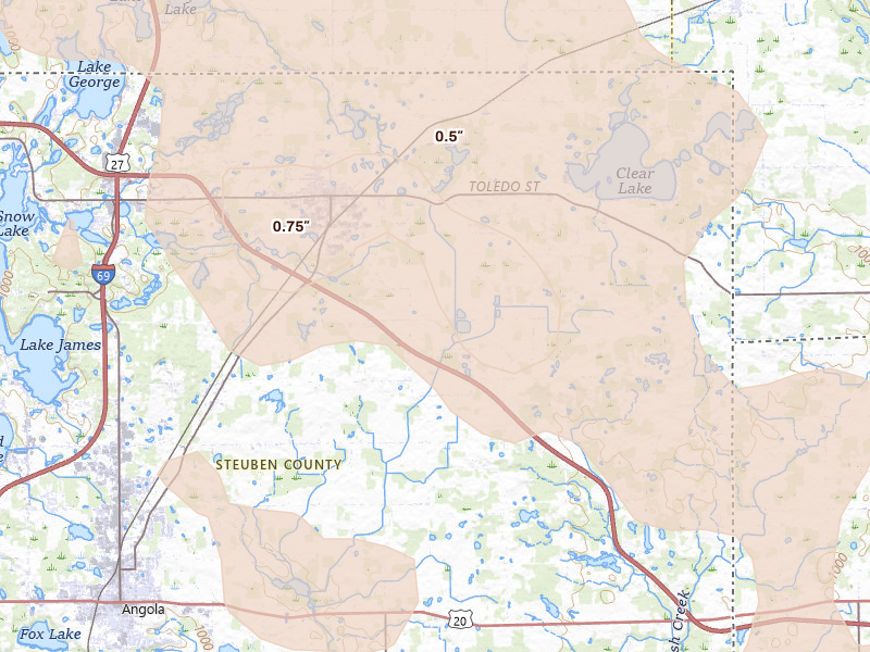 Radar-estimated hail-size map of the storm over Fremont, IN on Sep 4, 2026