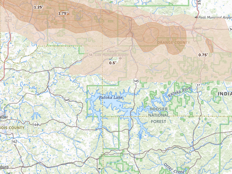 Radar-estimated hail-size map of the storm over French Lick, IN on Mar 22, 2026