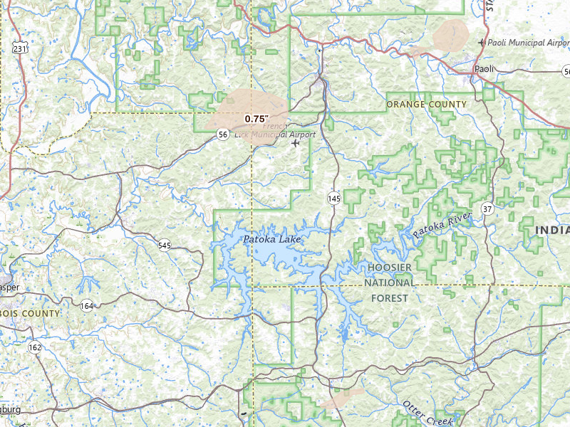 Radar-estimated hail-size map of the storm over French Lick, IN on Apr 1, 2026