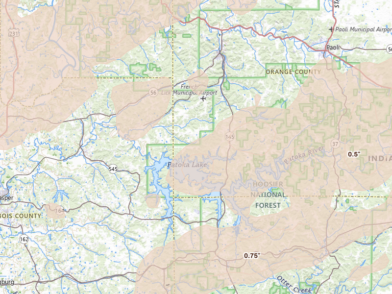 Radar-estimated hail-size map of the storm over French Lick, IN on Apr 27, 2026