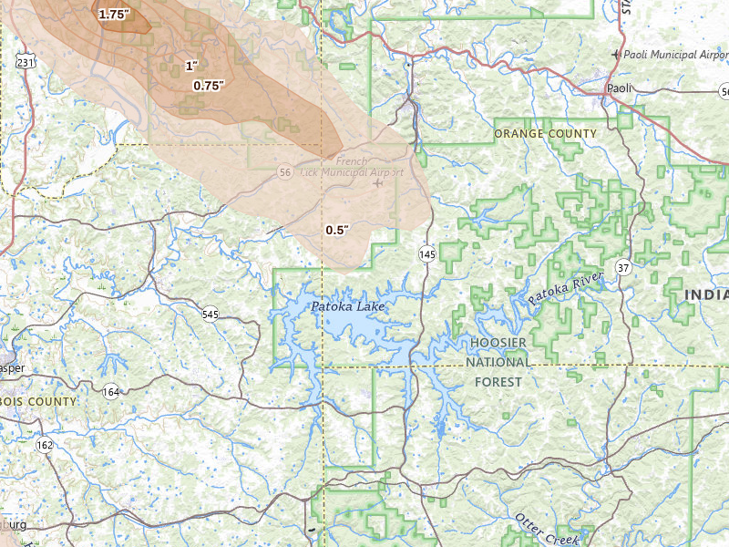 Radar-estimated hail-size map of the storm over French Lick, IN on Jul 21, 2026