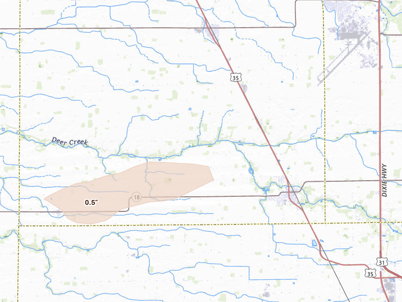 Radar-estimated hail-size map of the storm over Galveston, IN on Apr 3, 2026