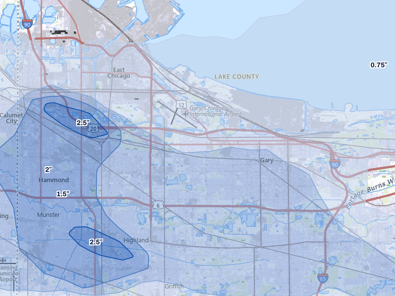 NEXRAD radar-signature map of the hail over Gary, IN