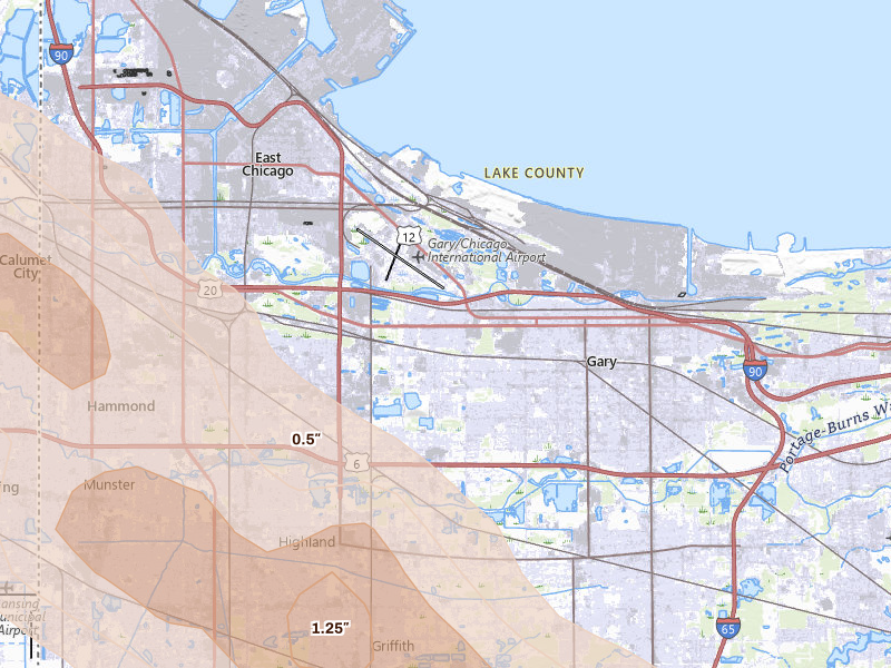 Radar-estimated hail-size map of the storm over Gary, IN on Jun 24, 2026