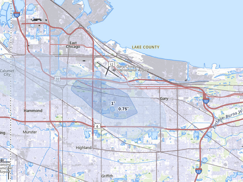 NEXRAD radar-signature map of the hail storm over Gary, IN on Jul 20, 2026
