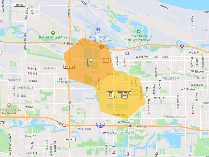 Hail map of Gary, IN on Jul 21, 2026, hail up to 1"
