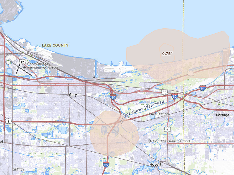 Radar-estimated hail-size map of the storm over Gary, IN on Aug 9, 2026