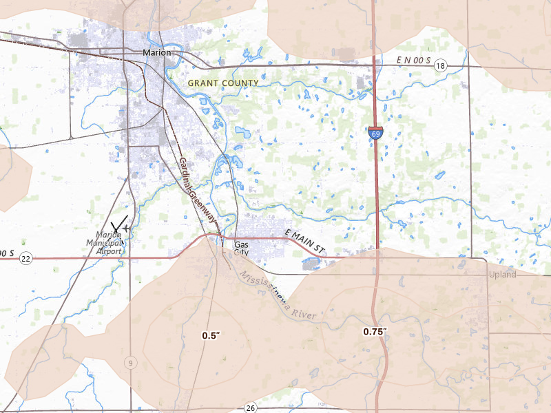 Radar-estimated hail-size map of the storm over Gas City, IN on Mar 22, 2026