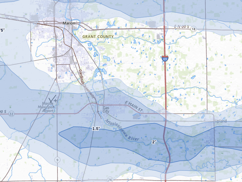 NEXRAD radar-signature map of the hail storm over Gas City, IN on Mar 22, 2026