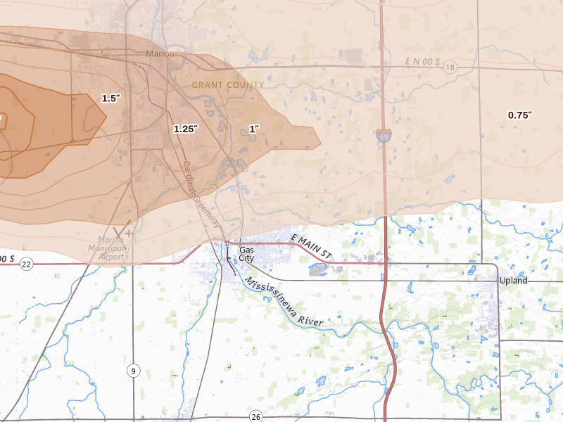 Radar-estimated hail-size map of the storm over Gas City, IN