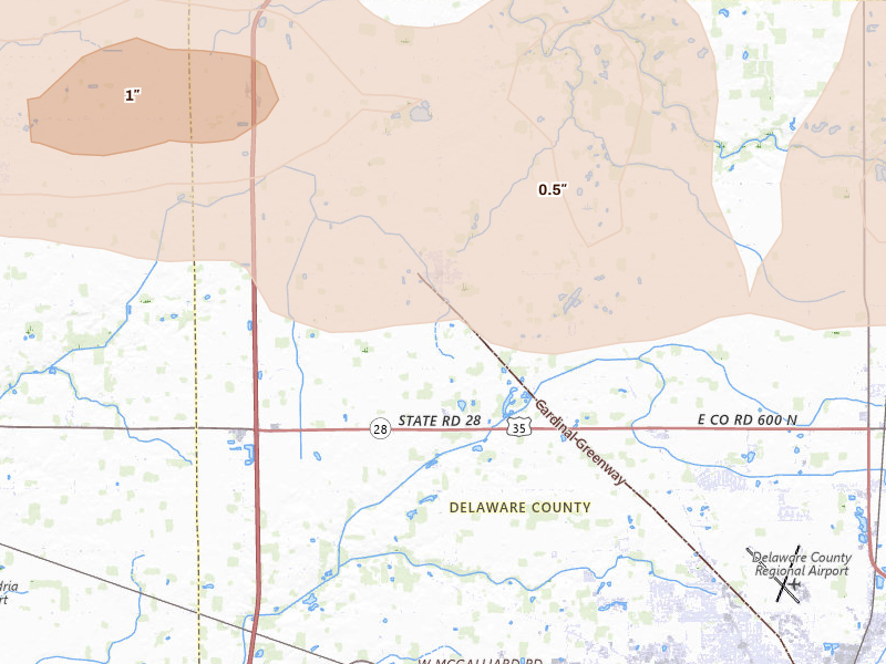 Radar-estimated hail-size map of the storm over Gaston, IN on Mar 22, 2026