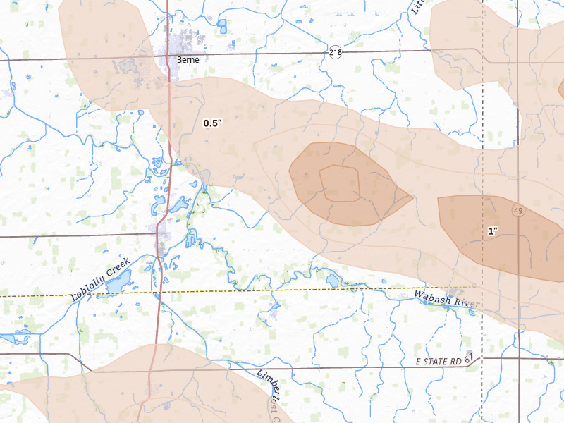 Radar-estimated hail-size map of the storm over Geneva, IN on Aug 11, 2026