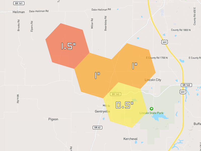 Hail map of Gentryville, IN on Jul 9, 2026, hail up to 1.5"