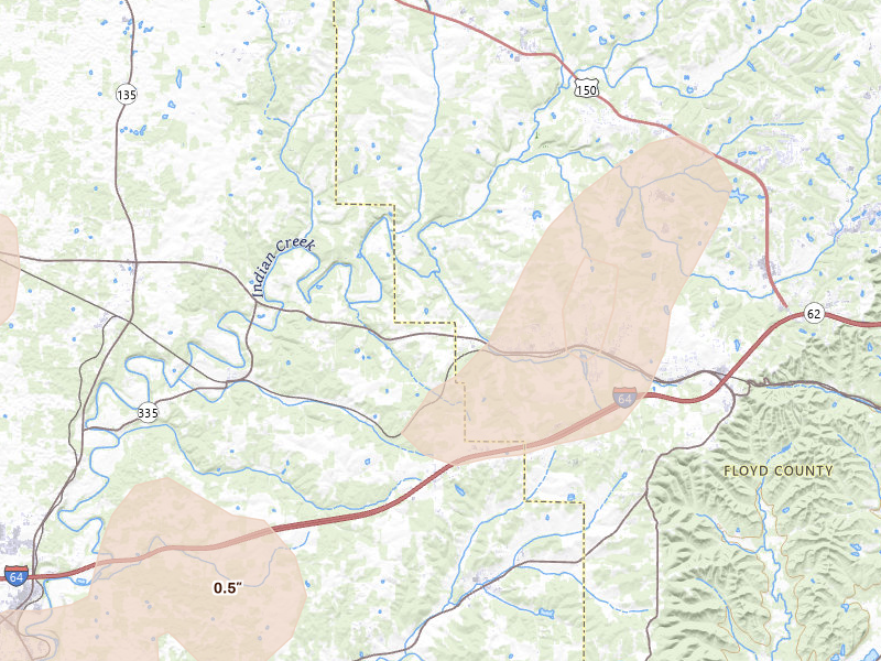 Radar-estimated hail-size map of the storm over Georgetown, IN on May 16, 2026