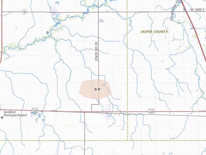 Radar-estimated hail-size map of the storm over Goodland, IN on Mar 26, 2026