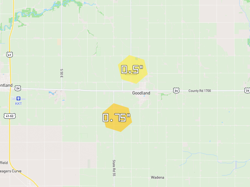 Hail map of Goodland, IN on Jun 6, 2026, hail up to 0.75"