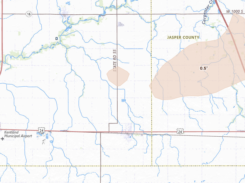 Radar-estimated hail-size map of the storm over Goodland, IN on Aug 11, 2026