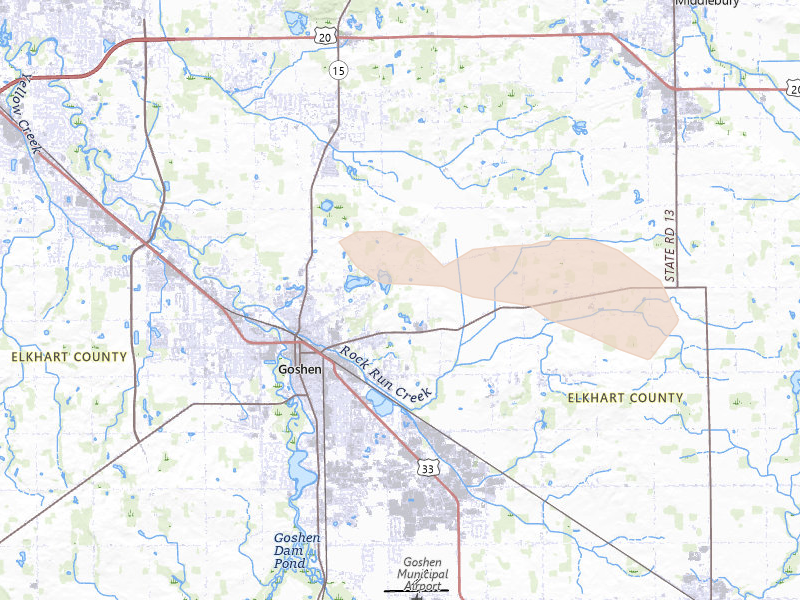 Radar-estimated hail-size map of the storm over Goshen, IN on Jun 16, 2026