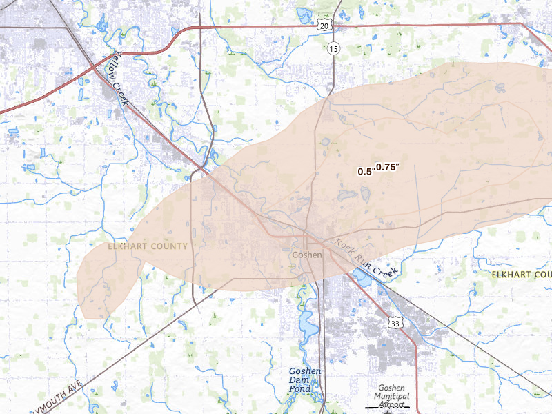 Radar-estimated hail-size map of the storm over Goshen, IN on Aug 9, 2026