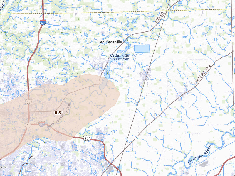 Radar-estimated hail-size map of the storm over Grabill, IN on Feb 18, 2026