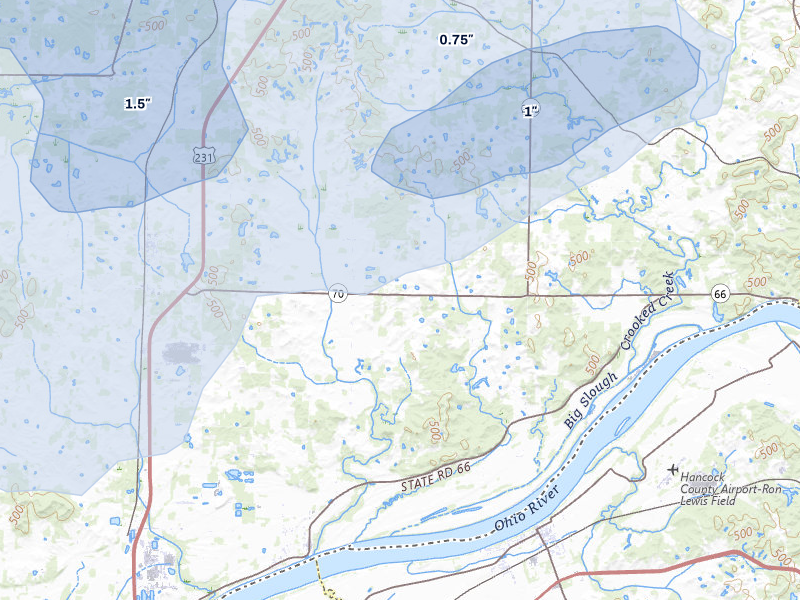 NEXRAD radar-signature map of the hail over Grandview, IN
