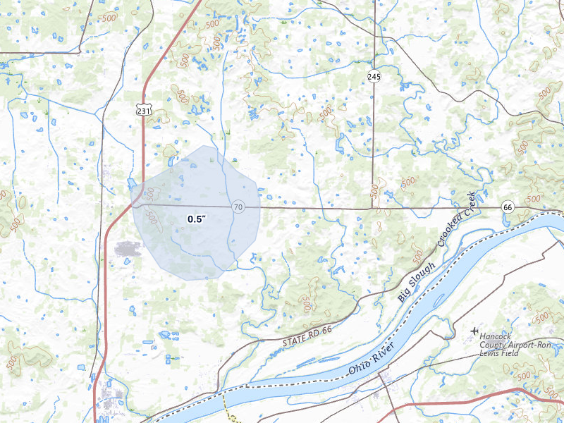 NEXRAD radar-signature map of the hail storm over Grandview, IN on Jun 27, 2026