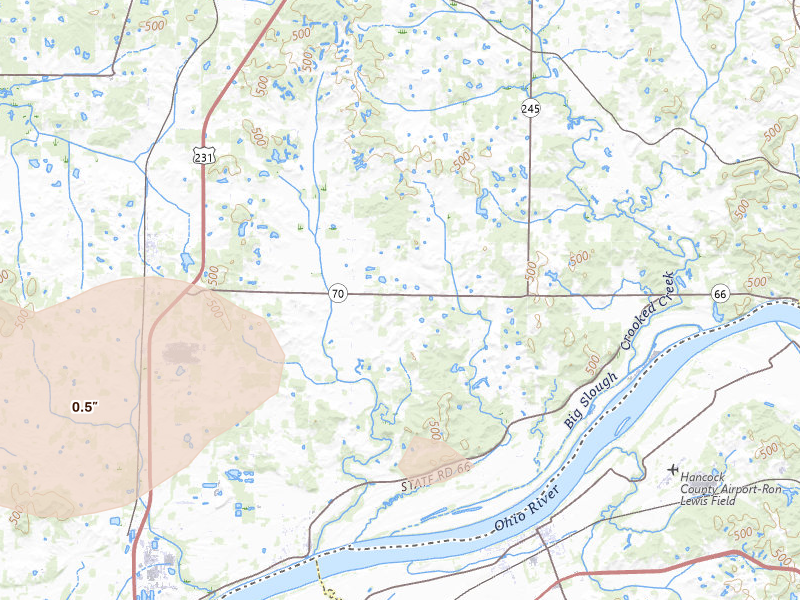Radar-estimated hail-size map of the storm over Grandview, IN on Jul 9, 2026