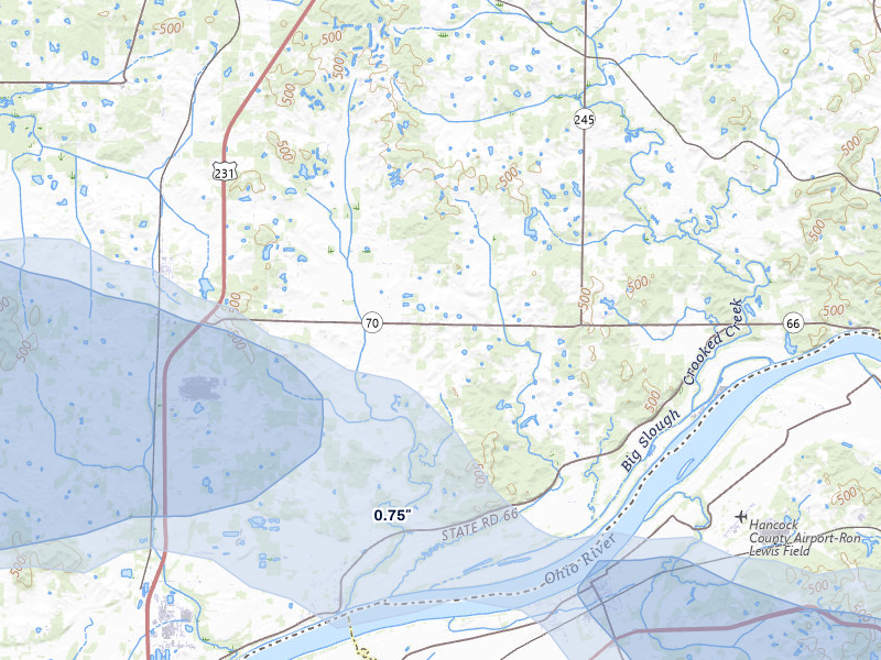 NEXRAD radar-signature map of the hail storm over Grandview, IN on Jul 9, 2026