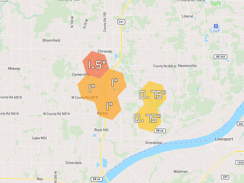 Hail map of Grandview, IN on Jul 10, 2026, hail up to 1.5"