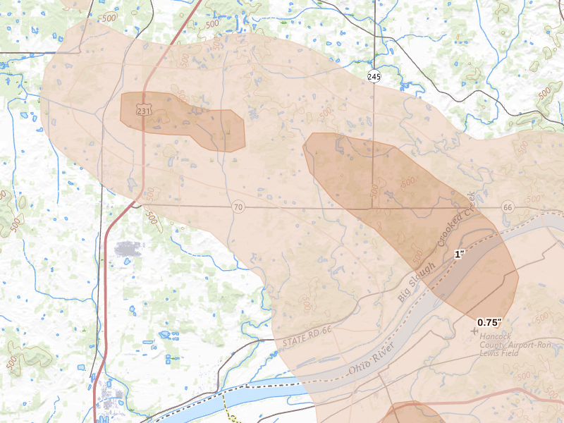Radar-estimated hail-size map of the storm over Grandview, IN on Aug 12, 2026