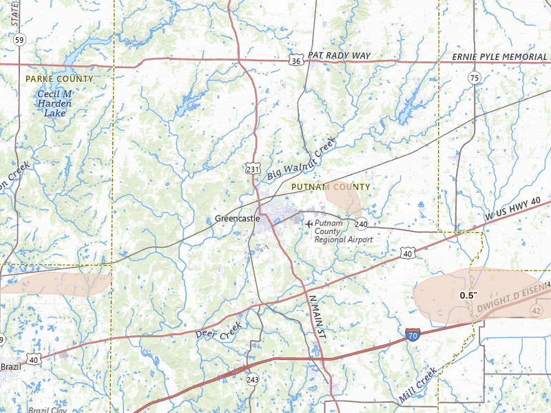 Radar-estimated hail-size map of the storm over Greencastle, IN on Mar 22, 2026