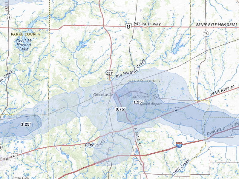 NEXRAD radar-signature map of the hail storm over Greencastle, IN on Mar 22, 2026