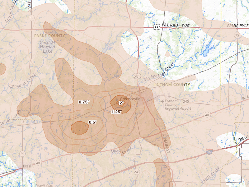 Radar-estimated hail-size map of the storm over Greencastle, IN on Aug 11, 2026