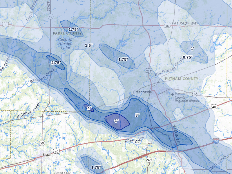 NEXRAD radar-signature map of the hail storm over Greencastle, IN on Aug 11, 2026
