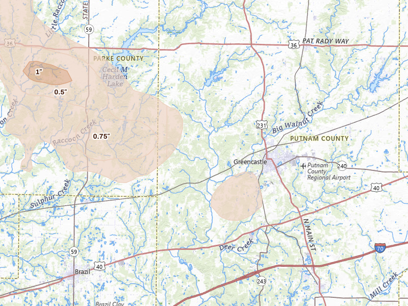 Radar-estimated hail-size map of the storm over Greencastle, IN on Aug 13, 2026