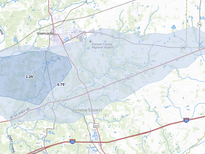 NEXRAD radar-signature map of the hail storm over Greencastle, IN on Aug 13, 2026
