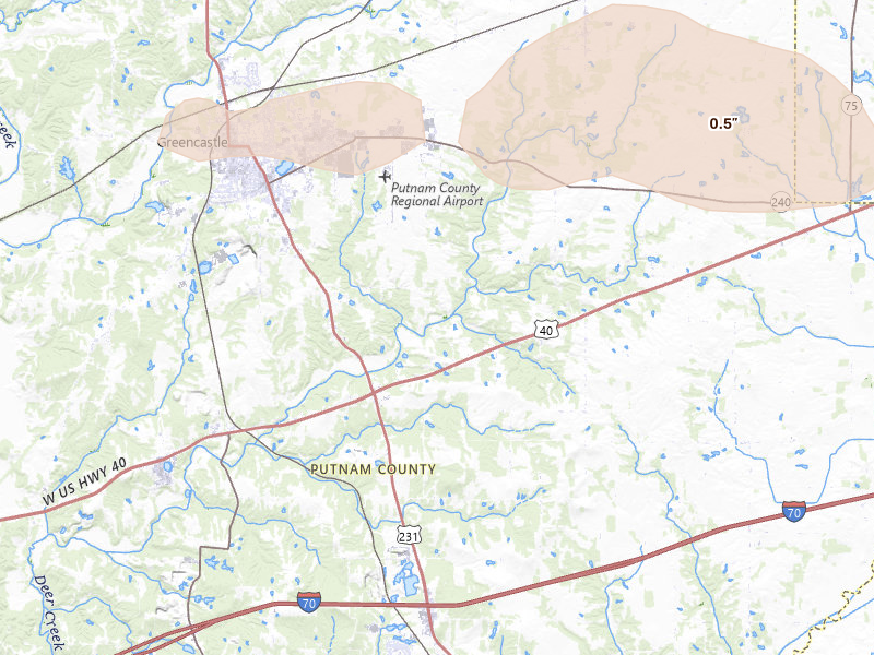 Radar-estimated hail-size map of the storm over Greencastle, IN on Aug 26, 2026