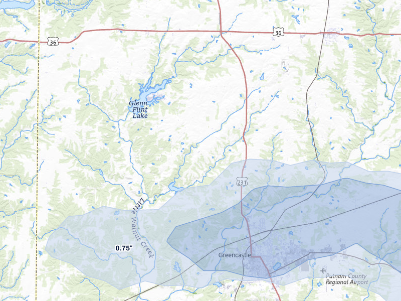 NEXRAD radar-signature map of the hail storm over Greencastle, IN on Aug 26, 2026