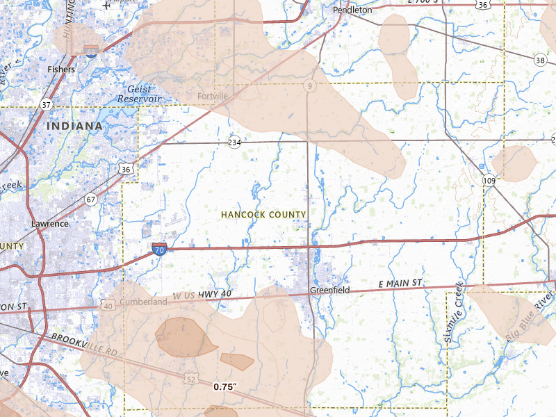 Radar-estimated hail-size map of the storm over Greenfield, IN on Aug 11, 2026
