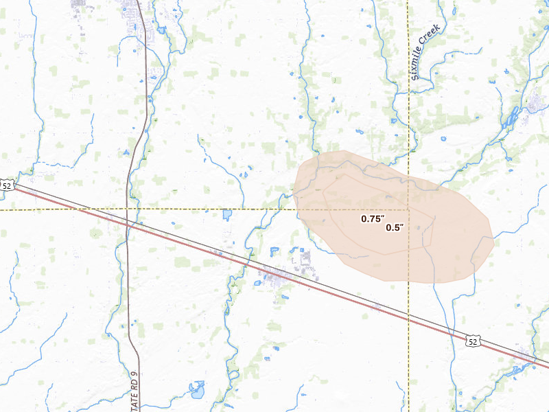 Radar-estimated hail-size map of the storm over Greenfield, IN on Sep 4, 2026