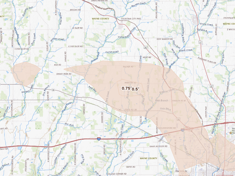Radar-estimated hail-size map of the storm over Greens Fork, IN on Sep 16, 2026