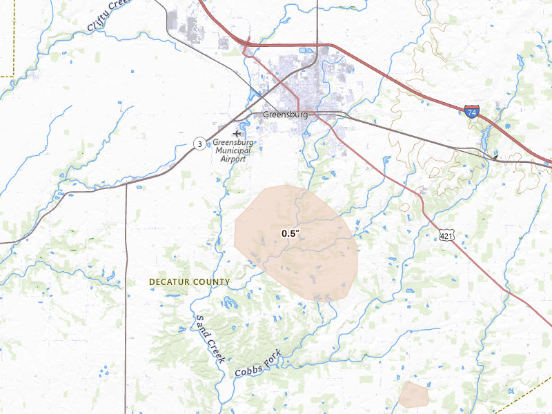 Radar-estimated hail-size map of the storm over Greensburg, IN on Jul 27, 2026