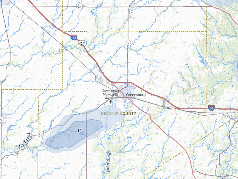 NEXRAD radar-signature map of the hail storm over Greensburg, IN on Aug 7, 2026