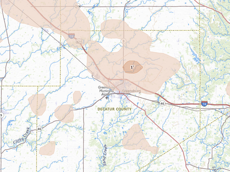 Radar-estimated hail-size map of the storm over Greensburg, IN on Aug 11, 2026