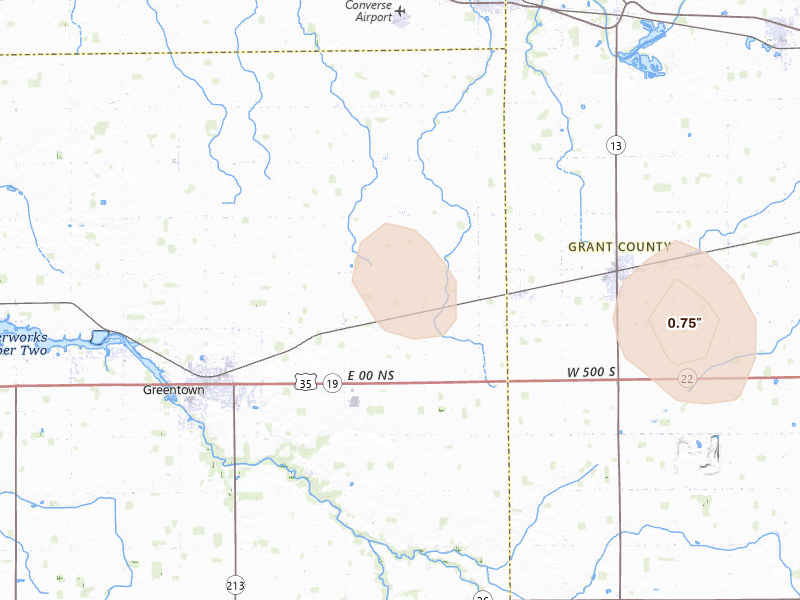 Radar-estimated hail-size map of the storm over Greentown, IN on Mar 26, 2026