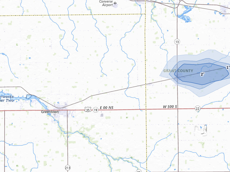 NEXRAD radar-signature map of the hail over Greentown, IN