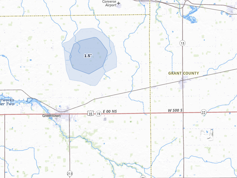 NEXRAD radar-signature map of the hail storm over Greentown, IN on Jul 3, 2026