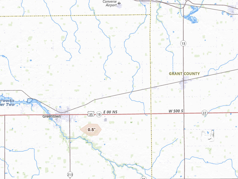 Radar-estimated hail-size map of the storm over Greentown, IN on Jul 10, 2026