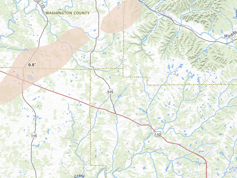 Radar-estimated hail-size map of the storm over Greenville, IN on Apr 27, 2026